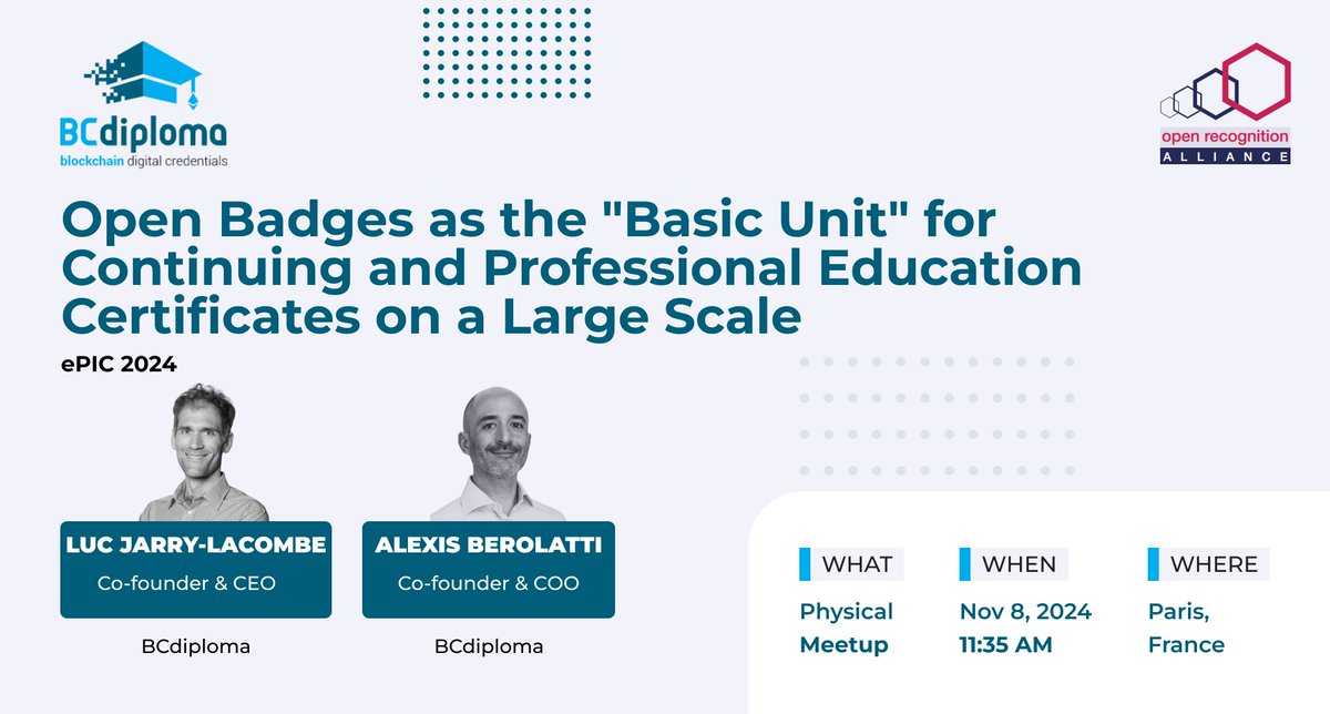 🌟 Save the Date! 
We’re excited to announce that #ePIC2024, organized by the Open Recognition Alliance is coming to Paris for 3 days of conferences and open discussions on the theme: Opening and Scaling Up Digital Credential Initiatives! 
🗓️ Join us on Friday, November 8th.