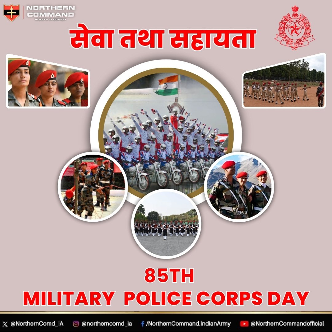 NorthernComd_IA's tweet photo. #LtGenMVSuchindraKumar, #ArmyCdrNC and all ranks of #NorthernCommand convey best wishes to all ranks, veterans &amp; families of Corps of Military Police on the occasion of 85th #CMPDay.

@adgpi
@firefurycorps
@ChinarcorpsIA
@Whiteknight_IA
#StrikeOne https://t.co/yc1aiet9wq