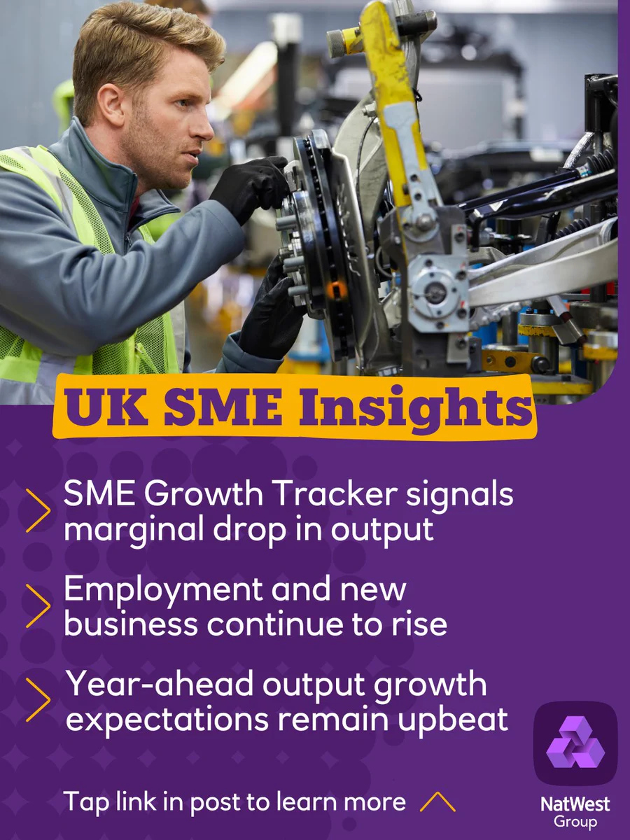The graphic contains insights from our latest UK SME Growth Tracker. The headlines are – ‘SME Growth Tracker signals marginal drop in output. Employment and new business continue to rise. Year-ahead output growth expectations remain upbeat.’ 