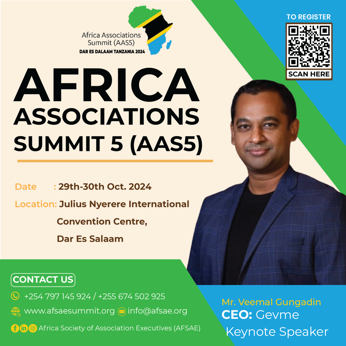 af_sae's tweet photo. Excited for the Africa Associations Summit 5 #AAS5 in    Dar es Salaam on Oct 29-30 to connect, learn, and shape the future of associations in Africa.

Our keynote speaker CEO of  GEVME, Mr. @veemalgungadin will share on "AI  as a catalyst for innovation in Associations" #AfSAE https://t.co/pnMDOdxVeO