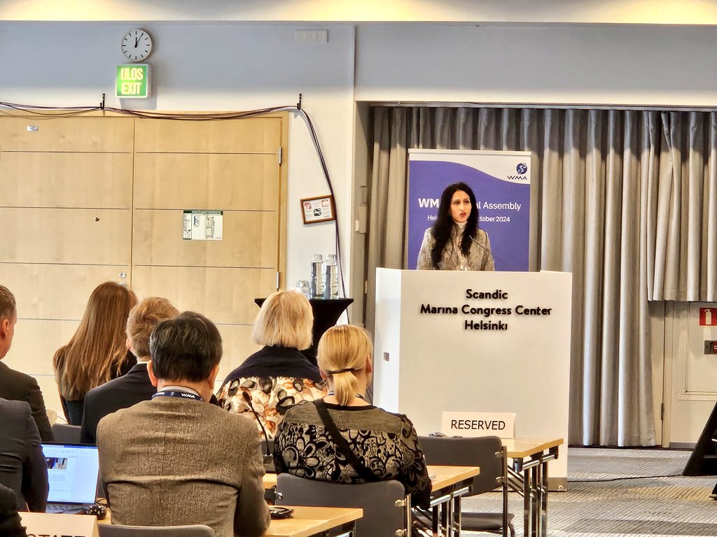 .<a href="/LujainAlqodmani/">Lujain Alqodmani</a>, <a href="/medwma/">World Medical Association</a> president, delivers a strong valedictorian address at the end of her term calling for us to continue fighting for our rights, the dignity of all individuals, the right to health and healthy environment, and peace!
#GlobalHealth #PeaceForHealth