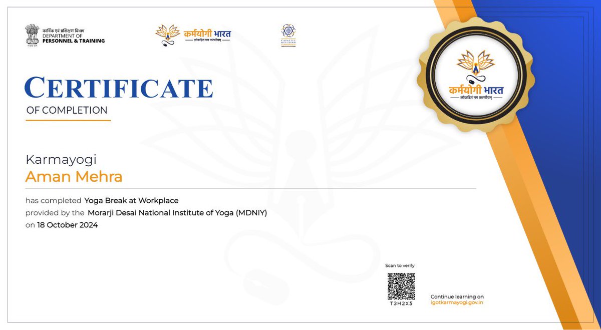 therjaman's tweet photo. "Faith converts knowledge into power".   @iGOTKarmayogi 
Two Certificates 

— YOGA BREAK AT WORKPLACE 
— STRESS MANAGEMENT 

Karmayogi AMAN MEHRA #therjaman @therjaman https://t.co/Gdoq7iYoLv