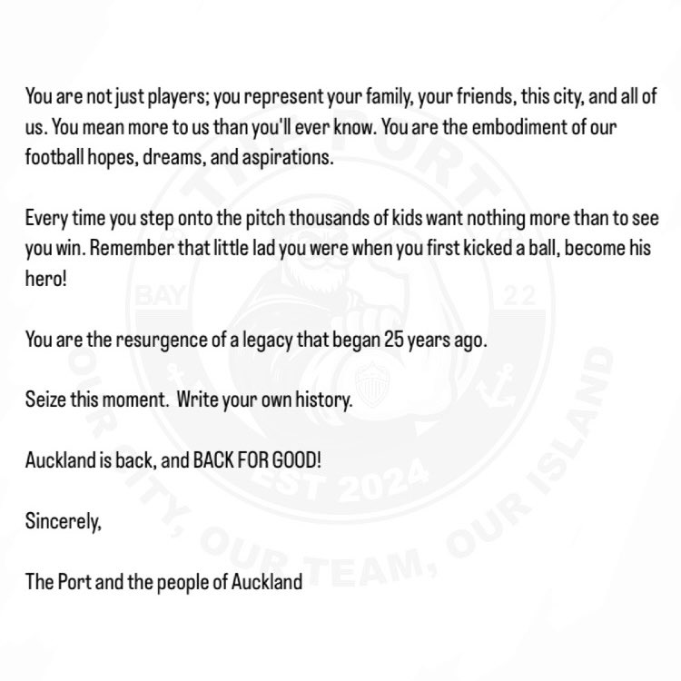 A letter from the supporters to the club ahead of Auckland FC’s first ever game. We’ve waited a long time for this… #AucklandFC