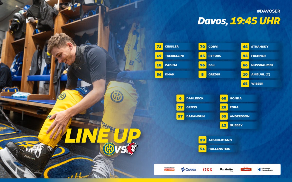 HCD_offiziell's tweet photo. 📋 Ünsches 𝗟𝗶𝗻𝗲 𝗨𝗽 heute Abend!
1. Saisonspiel für #72Kessler und Comeback von #96Egli.
Es fehlen: #42Nordström, #90Jung und #1Solèr (alle verletzt); #21Parrée (überz.). #Davoser | #HCD | #HCDLHC https://t.co/GQCKd8zfAS