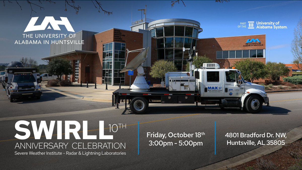 UAH SWIRLL (@uahswirll) on Twitter photo Today!!!! 👀
Wahoo! We are celebrating 10 years since SWIRLL was established! Come visit us during our Open House from 3Pm-5PM! We will have instrument and building tours, light refreshments, and a visit from <a href="/DOWFacility/">Doppler on Wheels (DOW)</a> with a big announcement!
Come see us today!! Today!!!! 👀
Wahoo! We are celebrating 10 years since SWIRLL was established! Come visit us during our Open House from 3Pm-5PM! We will have instrument and building tours, light refreshments, and a visit from <a href="/DOWFacility/">Doppler on Wheels (DOW)</a> with a big announcement!
Come see us today!!
