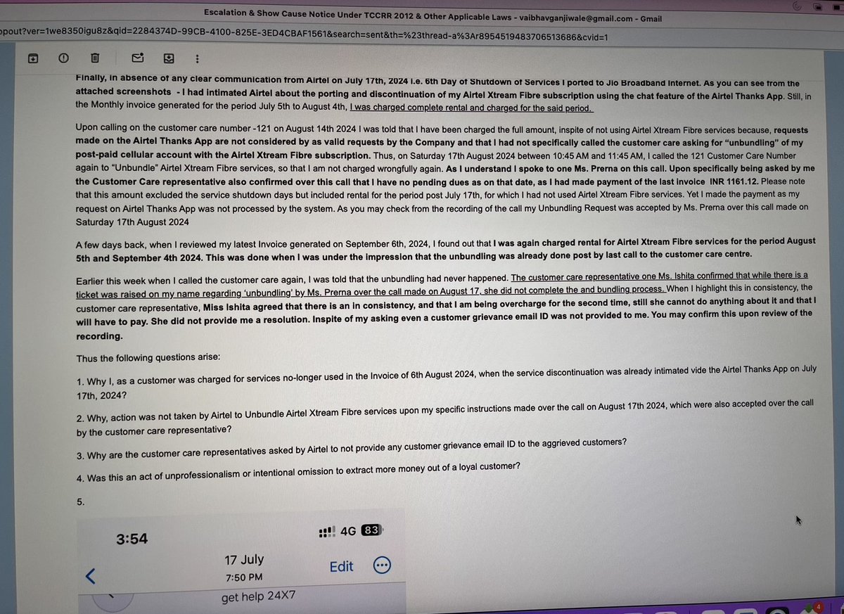 VGanjiwale's tweet photo. @airtelindia And please read the emails I have sent you. You are a #listedCompany, atleast have proper #grievance redressal process for your customers. 4 the nth time please note-I want 2 pay for my usage,not your faulty processes. @NSEIndia @BSEIndia @moneycontrolcom @IiASAdvisory @InGovern https://t.co/YRwbe33Vtk