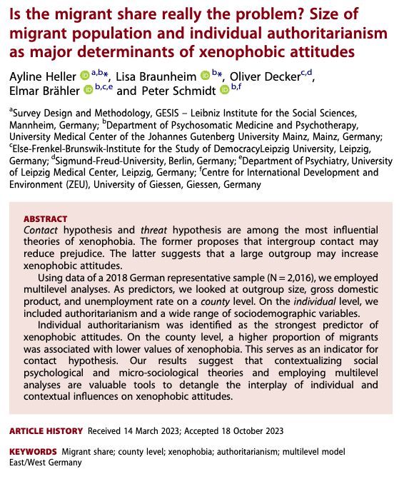 ERSjournal's tweet image. #ERSNew🐣 🔓 

#MultilevelAnalysis yields evidence for contact hypothesis with migrant share and individual #authoritarianism as major determinants of #xenophobic attitudes. Authors emphasize the importance of threat perception via cross-level interactions. 

You can read the…