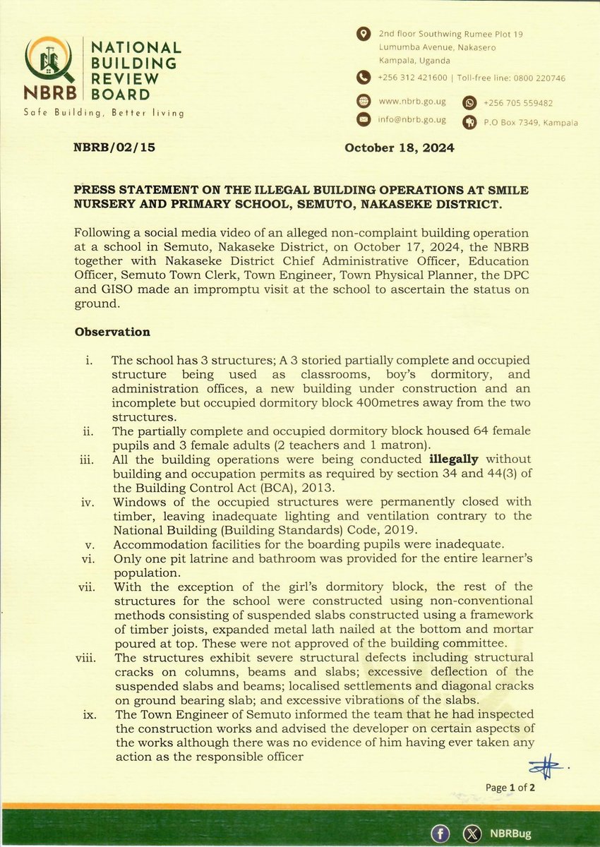 NBRBug's tweet photo. MEDIA AND PUBLIC ALERT: A press statement on an illegal and unsafe building operation at Smile Nursery and Primary School Semuto, Nakaseke District. Attached is the video of the building operation. @ERBUganda @ARBUganda @SurveyorsofUG @MoWT_Uganda @UIPE_Uganda @Educ_SportsUg https://t.co/NK6ggTC7UC