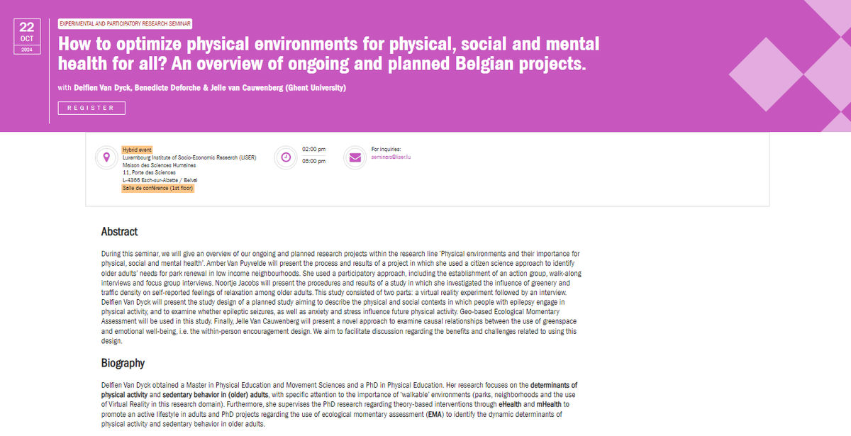 LISER's Dept. of Urban Development and Mobility (@liser_udm) on Twitter photo ✉️Join us Oct. 22nd (14h CET) for the next EXPAR seminar.
💡 "How to optimize physical environments for physical, social and mental health for all? An overview of ongoing and planned Belgian projects" will be presented by <a href="/DelfienVD/">Delfien Van Dyck</a> et al.
🔗Event info: liser.lu/?type=module&i… ✉️Join us Oct. 22nd (14h CET) for the next EXPAR seminar.
💡 "How to optimize physical environments for physical, social and mental health for all? An overview of ongoing and planned Belgian projects" will be presented by <a href="/DelfienVD/">Delfien Van Dyck</a> et al.
🔗Event info: liser.lu/?type=module&i…