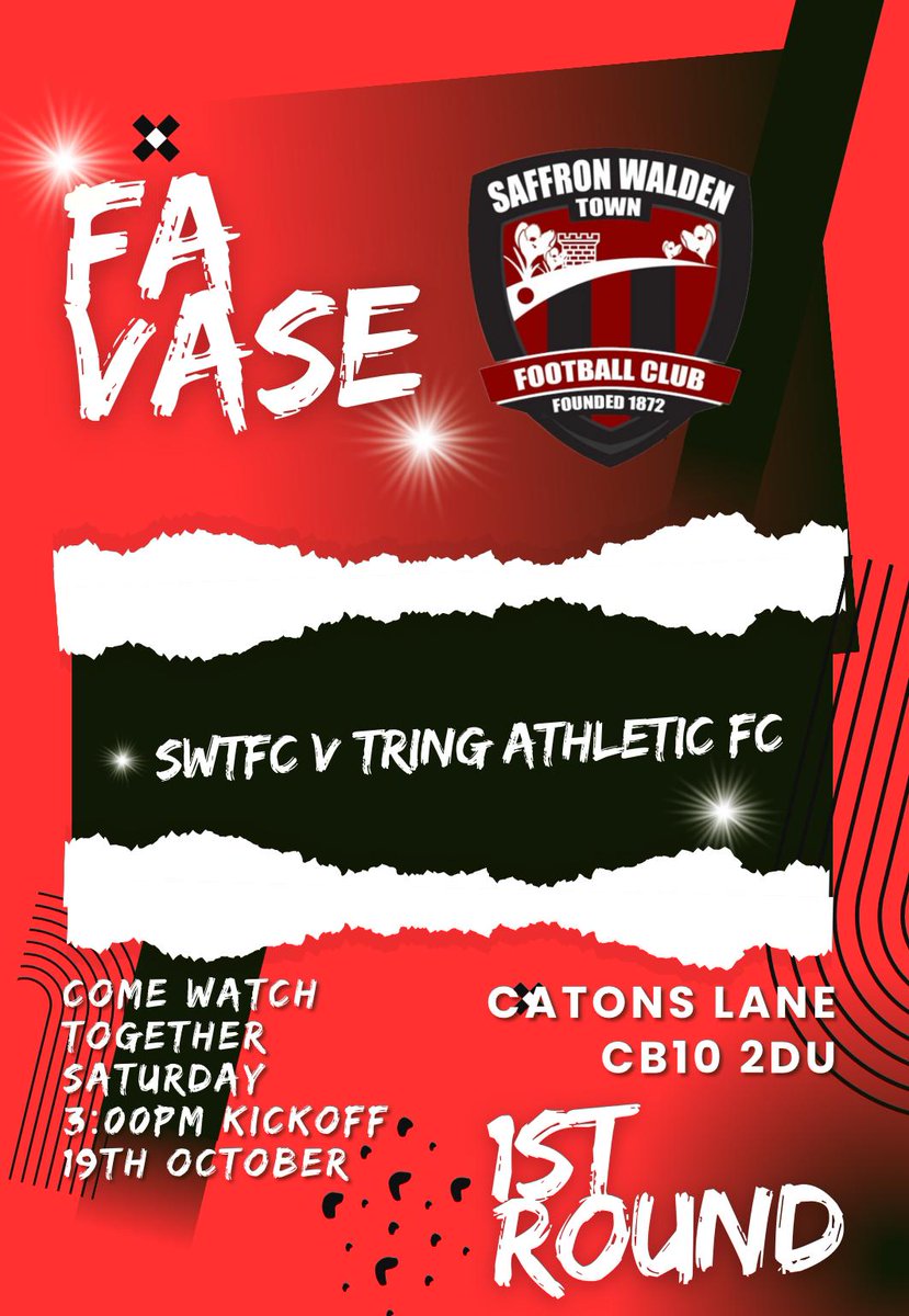 blood1 (@acc_ada) on Twitter photo Sat 19th Oct
BIG GAME At The Lane
FA Vase
<a href="/SWTFootballClub/">Saffron Walden Town FC</a> v <a href="/tringathletic/">Tring Athletic FC</a> 3pm
Come On You BLOODS!πππ
<a href="/swtfc_fans/">Saffron Walden Town FC Fans</a> <a href="/NonLeagueCrowd/">Non League Crowds</a> <a href="/swtic/">Saffron Walden TIC</a> <a href="/squeezefootball/">Squeeze</a> <a href="/favasefactfile/">FA Vase Factfile</a> <a href="/karlwoodley28/">karlwoodley</a> <a href="/StuartVant/">Stuart Vant</a> <a href="/mrsamprior/">Sam Prior</a> <a href="/youngy2mark/">Lord Mark aka Teddys Grumps</a> <a href="/STrimnell/">Simon Trimnell</a> <a href="/chappo180/">Lee Chapman</a> <a href="/Danspinks86/">Daniel Spinks</a> <a href="/darr/">Darryl Graham</a> Sat 19th Oct
BIG GAME At The Lane
FA Vase
<a href="/SWTFootballClub/">Saffron Walden Town FC</a> v <a href="/tringathletic/">Tring Athletic FC</a> 3pm
Come On You BLOODS!πππ
<a href="/swtfc_fans/">Saffron Walden Town FC Fans</a> <a href="/NonLeagueCrowd/">Non League Crowds</a> <a href="/swtic/">Saffron Walden TIC</a> <a href="/squeezefootball/">Squeeze</a> <a href="/favasefactfile/">FA Vase Factfile</a> <a href="/karlwoodley28/">karlwoodley</a> <a href="/StuartVant/">Stuart Vant</a> <a href="/mrsamprior/">Sam Prior</a> <a href="/youngy2mark/">Lord Mark aka Teddys Grumps</a> <a href="/STrimnell/">Simon Trimnell</a> <a href="/chappo180/">Lee Chapman</a> <a href="/Danspinks86/">Daniel Spinks</a> <a href="/darr/">Darryl Graham</a>