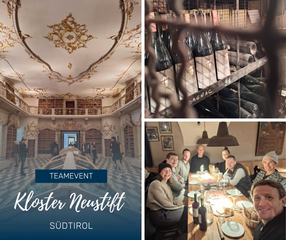 🍇 Anfang Oktober hatten wir ein inspirierendes Teamevent im Kloster Neustift, Südtirol. Die Klosterführung, der Weinkeller und die Verkostung beeindruckten. Ein kulturell bereichernder Ausflug und eine tolle Gelegenheit, neue Energie zu tanken. 💙🔋

#TeamEvent #KlosterNeustift