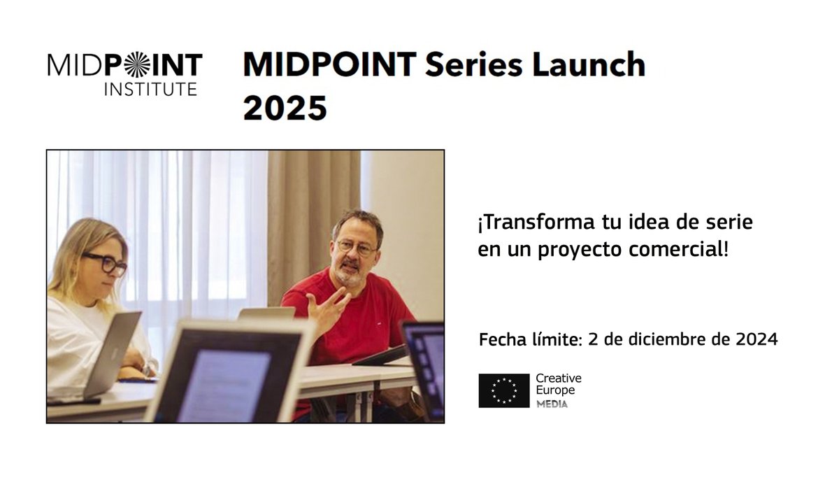 OficinaMEDIAEs's tweet photo. MIDPOINT Series Launch de @midpointprogram es un programa profesional en el que puedes transformar tu idea de serie en un proyecto comercial. También abierto a ejecutivos de desarrollo.

Fecha límite: 2 de diciembre de 2024.
Más info > https://t.co/PgsexMC6wp
#SeriesLaunch https://t.co/YHuxbdlq1Z