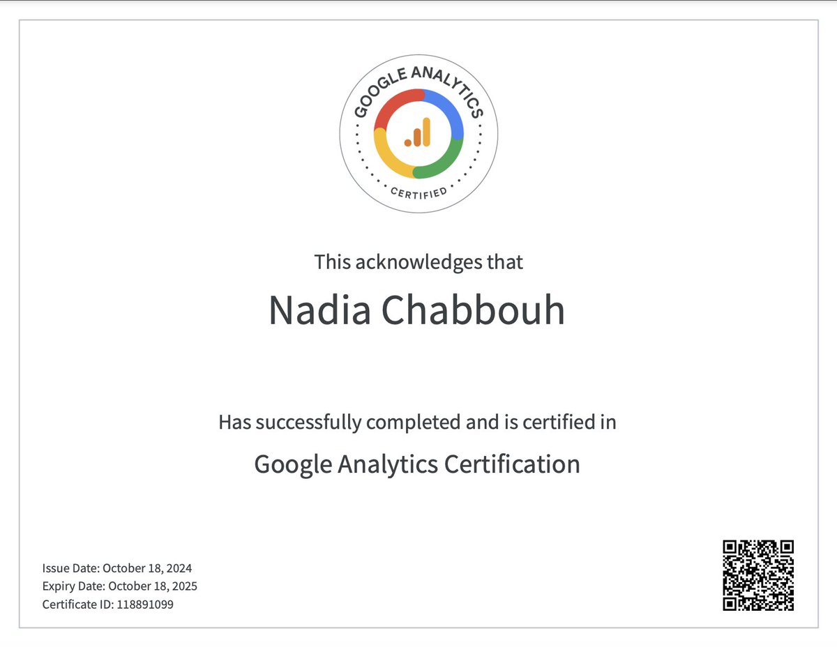 NadiaCHABBOUH's tweet photo. 🎉 Certification Google Analytics 4 obtenue ! 📊

4 jours intenses de formation et un grand merci à Adil SIJILMASSI pour son implication et sa pédagogie 💪 
Prête à mettre ces nouvelles compétences en pratique !

#GoogleAnalytics4 #DigitalAnalytics #MBAMCI https://t.co/OckcxWgUYU