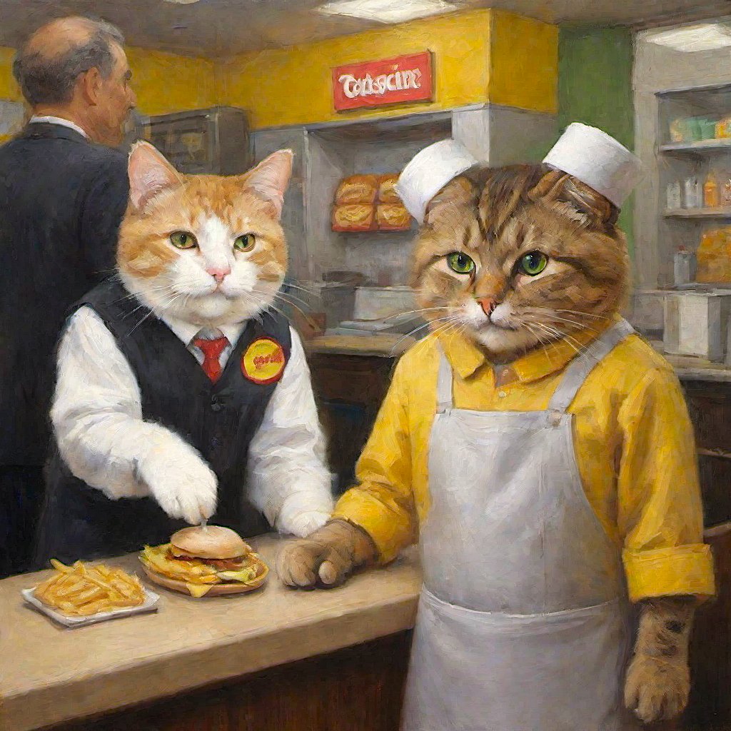and1521207's tweet photo. 暇そうな猫の店員たち😸

--Bored-looking cats as fast food workers

#AIArtwork #AI画像 #Cat #猫かわいいね https://t.co/zBYHmoO9kN