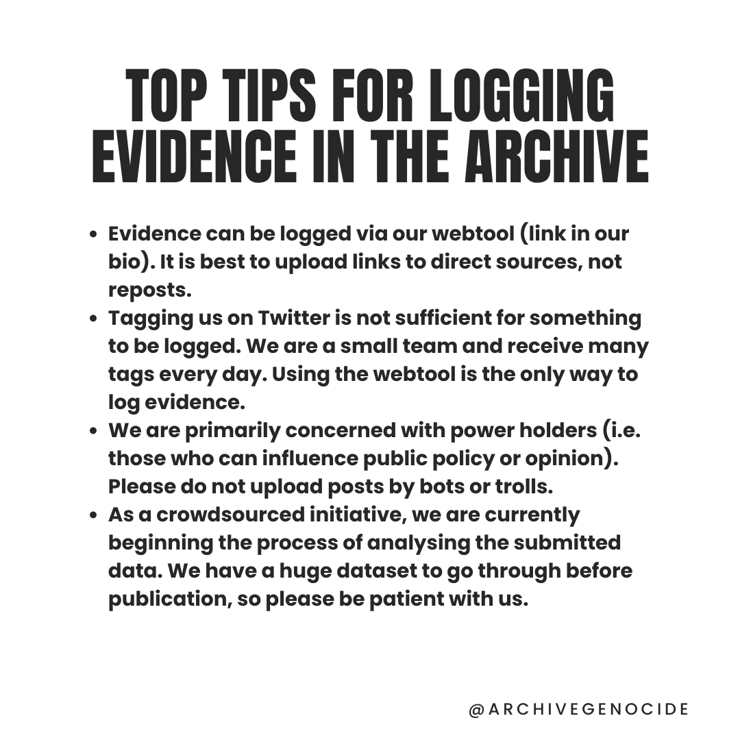 archivegenocide's tweet photo. 🟢 We've had a huge following uptick overnight. Welcome!
🔴 For those who have just joined us, here is a list of the types of evidence we are looking for and some top tips about using the archive.
⚫ We also have a new form on our website specifically for logging evidence relating to Lebanon.

Thanks for your support!