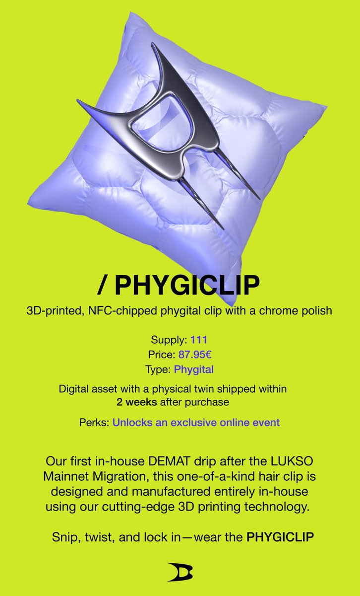 THE DEMATERIALISED (@dematerialised) on Twitter photo 💠 WHY YOU SHOULD OWN THE PHYGICLIP: <a href="/dematerialised/">THE DEMATERIALISED</a>'s BRAND NEW HIGH-TECH ACCESSORY 💠
Both a digital asset AND a physical item, the PHYGICLIP is:
✴️3D-printed with our in-house cutting-edge 3D printing tech
📎 An stylish hair accessory for your ponytails, man buns, 💠 WHY YOU SHOULD OWN THE PHYGICLIP: <a href="/dematerialised/">THE DEMATERIALISED</a>'s BRAND NEW HIGH-TECH ACCESSORY 💠
Both a digital asset AND a physical item, the PHYGICLIP is:
✴️3D-printed with our in-house cutting-edge 3D printing tech
📎 An stylish hair accessory for your ponytails, man buns,