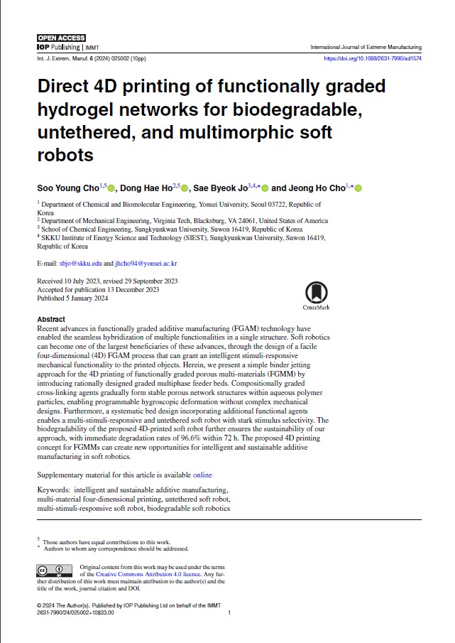 IntJExtremManuf's tweet photo. Direct #4Dprinting of functionally graded hydrogel networks for #biodegradable, #untethered, and #multimorphic soft robots
#ExtremeManufacturing #AdditiveManufacturing #multimaterial #multistimuliresponsive #soft robot
Open Access https://t.co/U5v32f3Lvi https://t.co/gy9KiFgWAR