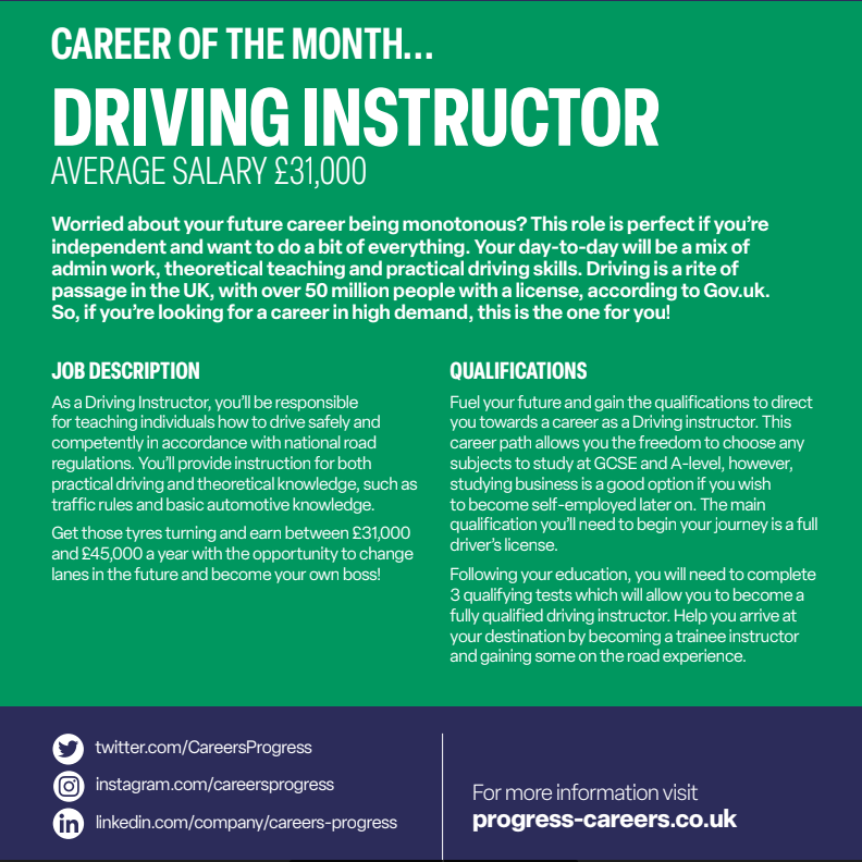 OutwoodFreeston's tweet photo. Looking forward to November and the upcoming #CareerOfTheMonth from @CareersProgress 🚗
There are currently around 38000 #DrivingInstructors in the UK but the demand is rising rapidly!
Is this something of interest to you? 🤔
#Careers #CEIAG https://t.co/62iDJgbQxl