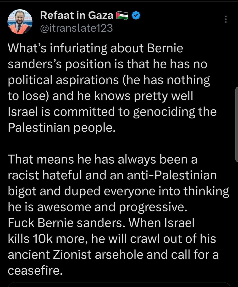 MelgerTina's tweet photo. L'unica risposta che merita il #NAZIsionista @SenSanders, idolo dei radical chic arcobalenati del #garden™, gliel'ha data Refaat @itranslate123:

#FuckBernieSanders https://t.co/arI1OdpUUb