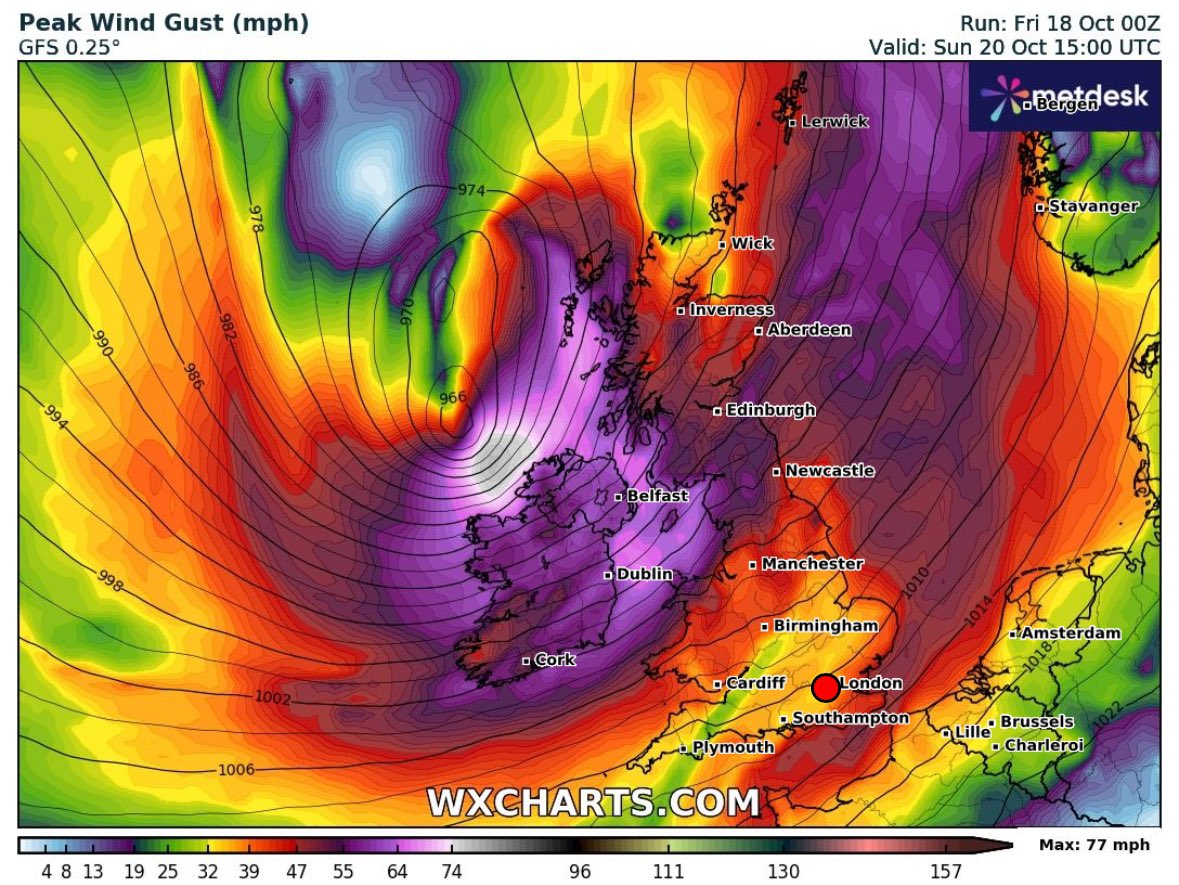 Storm Ashley has been named

A spell of very strong winds will affect Ireland, northern England and Scotland during Sunday. Due to a deepening low pressure system steered towards the uk by a very strong jet stream. 

Models in agreement with positioning. Keeping it further north.