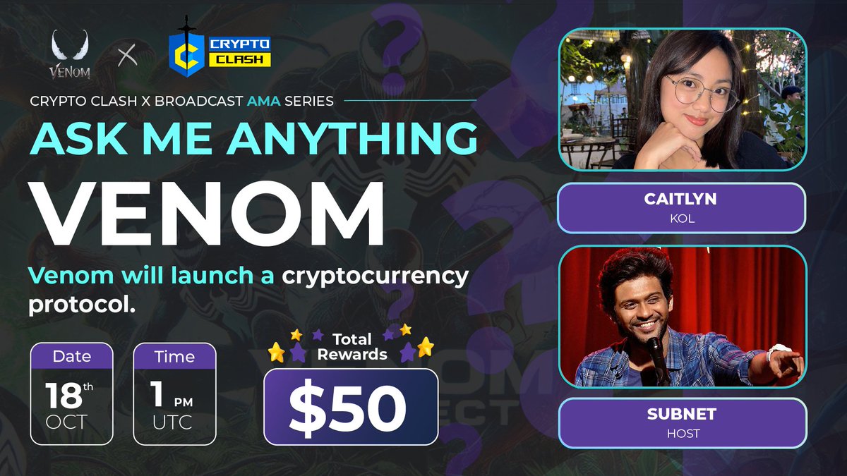 🎙Don't miss out on the opportunity to join us for a #XBroadcastAMA with Venom.

◾️ Venom will launch a Cryptocurrency protocol.

🕰 18th October, 1 PM UTC
💰 50$ USDT
🗣 Caitlyn.

🏛 Venue: x.com/i/broadcasts/1…

📌 Rules:
1️⃣ Follow <a href="/Venom_Legion/">Project Venom</a>
2️⃣ Like &amp; Retweet.
