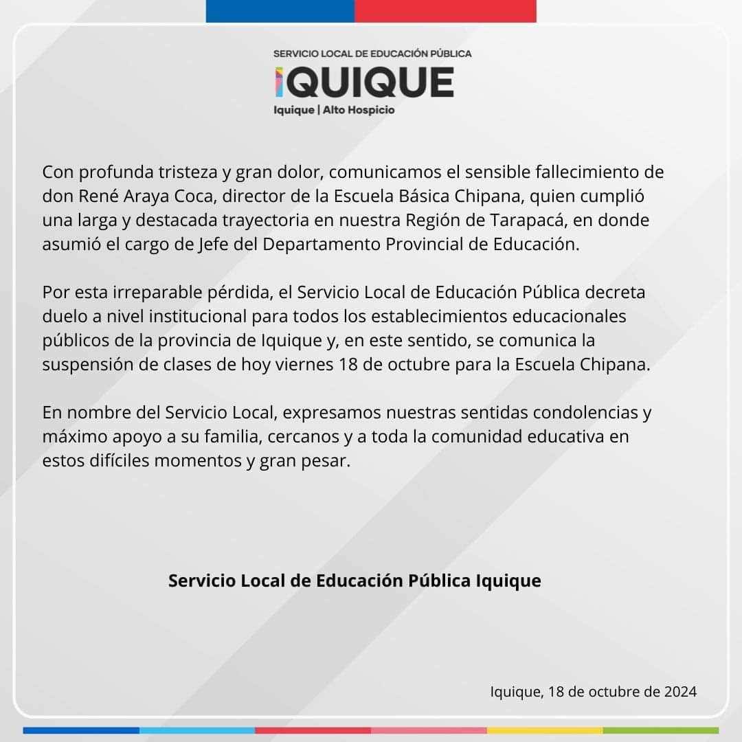ChipanaEscuela's tweet photo. Con profunda tristeza y dolor informamos el fallecimiento de nuestro querido director Profesor René Araya Coca (Q.E.P.D.). https://t.co/pvAXO2Q3NR