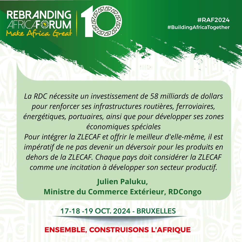 RebrandingAF's tweet photo. #RAF2024 Panel 2 : Les défis de la ZLECAf

" Pour intégrer la ZLECAF et offrir le meilleur d'elle-même [...] Chaque pays doit considérer la ZLECAF comme une incitation à développer son secteur productif. " - @julienpalukucom, Ministre du Commerce Extérieur, RDC.

#RAF10ANS https://t.co/RZ6VXupNTF