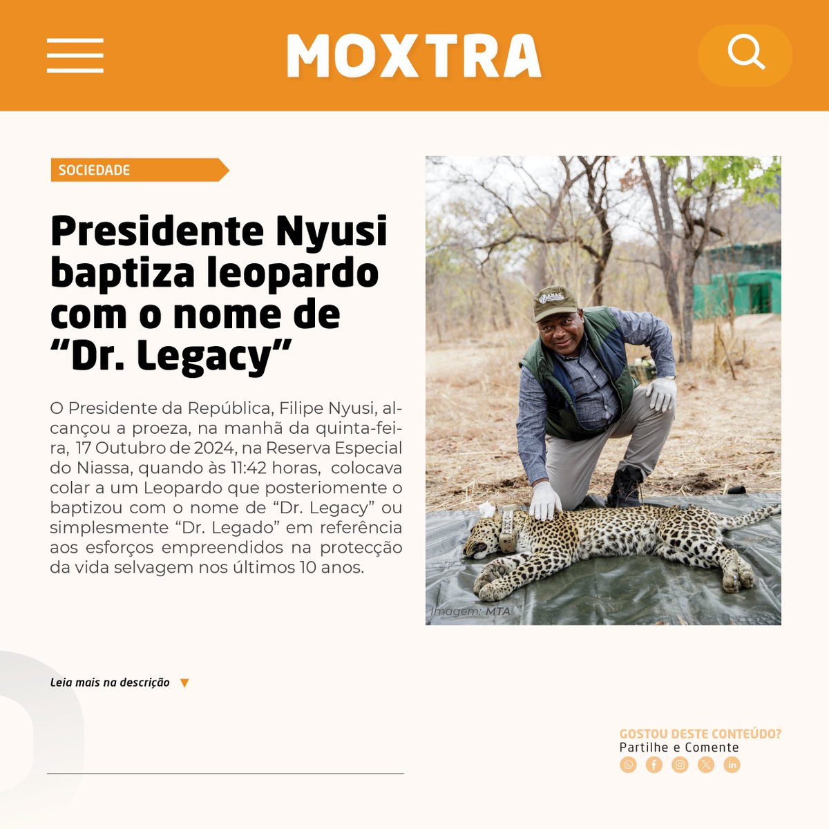 Moxtra_'s tweet photo. PRESIDENTE NYUSI BAPTIZA LEOPARDO COM O NOME DE “DR. LEGACY”

O acto aconteceu na Reserva Especial do Niassa, onde o Dr. Honoris Causa em Conservação e Mudanças Climáticas e Campeão dos Big 5 dirigiu as cerimónias comemorativas dos 70 anos da criação daquela área de conservação. https://t.co/P38sh0wJxv