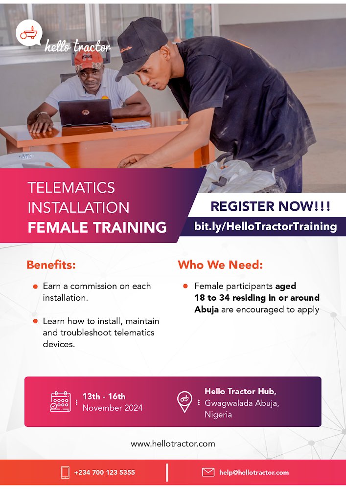 Hello Tractor is offering an exciting opportunity for female participants aged 18 to 34  in Abuja to gain hands-on skills in telematics device installation—where they’ll learn how to install and maintain telematics devices on tractors!

Register now: bit.ly/HelloTractorTr…
