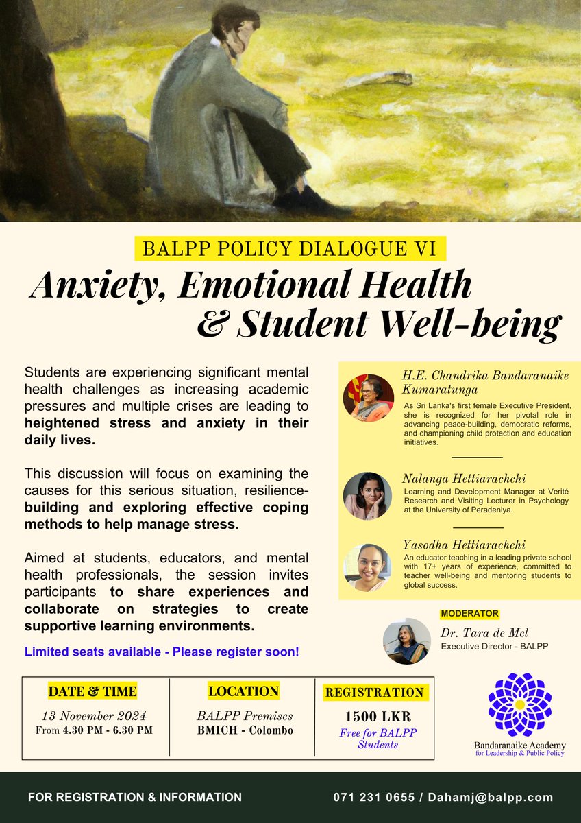 With stress and anxiety affecting students and educators alike, the event aims to encourage dialogue, share experiences, and explore ways to create more supportive learning environments.

Contact 071 231 0655 (Daham) or Dahamj@balpp.com to register soon. Limited seats available!