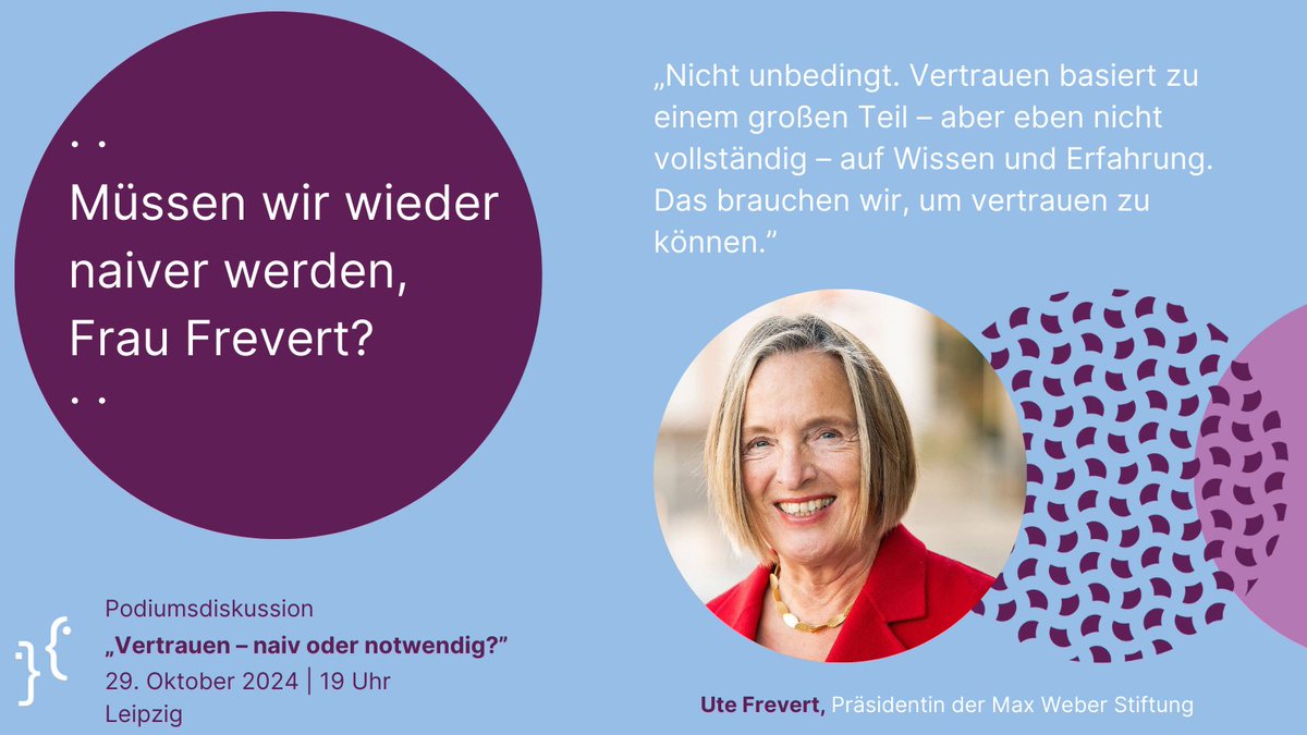 Geisteswissenschaft im Dialog: #Vertrauen – naiv oder notwendig?
🗓️29.10.2024, 19 Uhr in #Leipzig

Jetzt kostenlos anmelden 👉 maxweberstiftung.de/aktuelles/vera…

#Veranstaltung #Podiumsdiskussion #Geisteswissenschaft #GiD