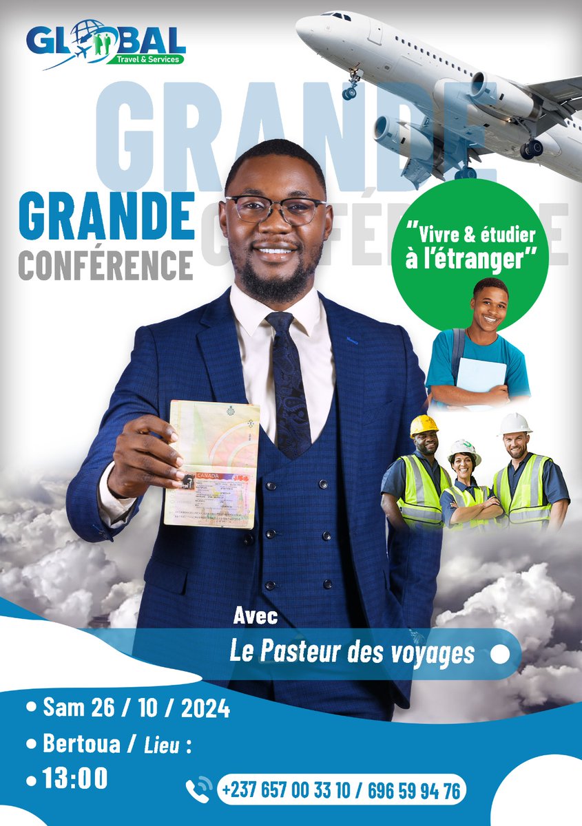 GTSGroup237's tweet image. Le 26 octobre 2024 à 13h, rejoignez-nous à Bertoua pour une mega conférence exceptionnelle sur le thème &quot;Vivre et étudier à l&apos;étranger&quot;. 

En présence du pasteur des visas, découvrez :

#etudierALetranger #Bertoua #MegaConference #Visa #Opportunites #26Octobre2024
