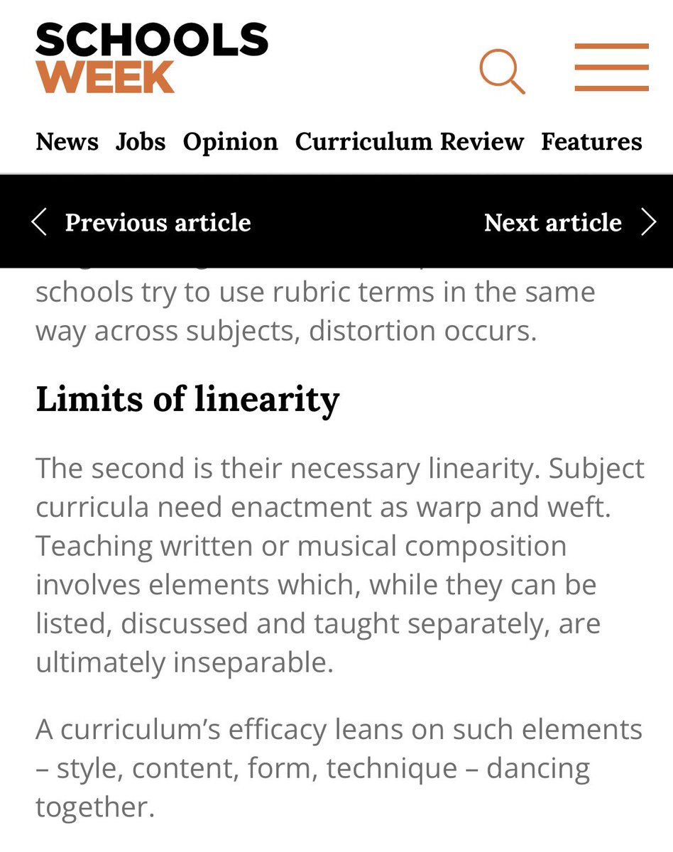 Terrific piece, opening up serious questions that go well beyond what to ‘keep in’, ‘add’ or ‘lose’ in curriculum reform. Great on linearity, subject differences, complexity &amp; the journey not being the same as the outcome.