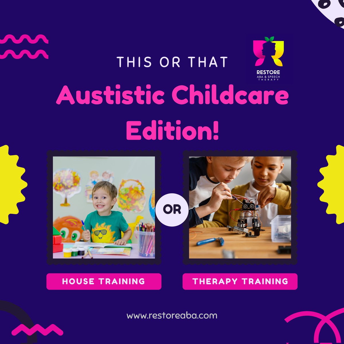 Restoreaba's tweet image. Which of these techniques do you think is most suitable for an autistic child.

Home training and therapeutic training?

#restoreaba #autism