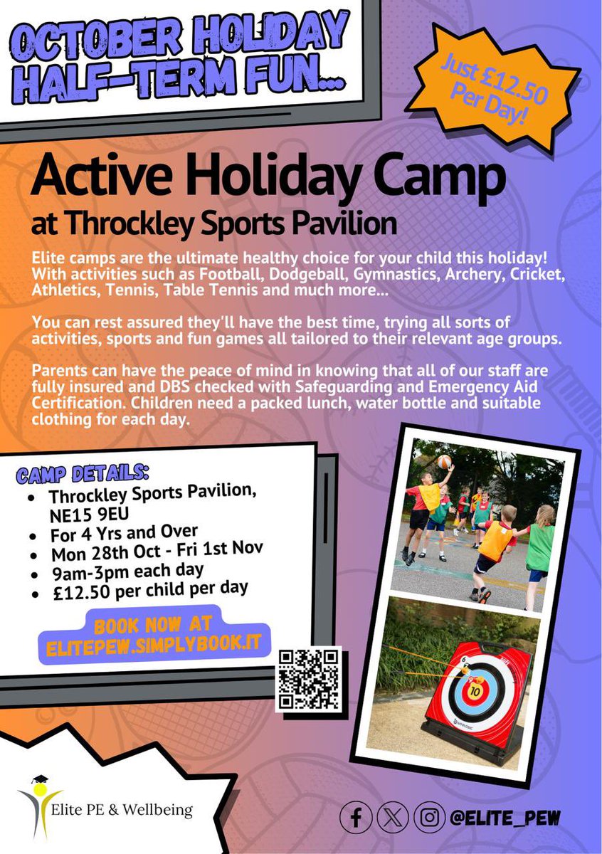 Elite_PEW's tweet photo. We will be hosting a half term activity camp at Throckley pavilion in October

The kids will experience a whole host of different sports &amp; activities, whilst having the opportunity to make new friends 🤺 🏹 

To book your child’s space, book online at https://t.co/GWF6NbhCok ⚽️ https://t.co/iRqjiMyAiV