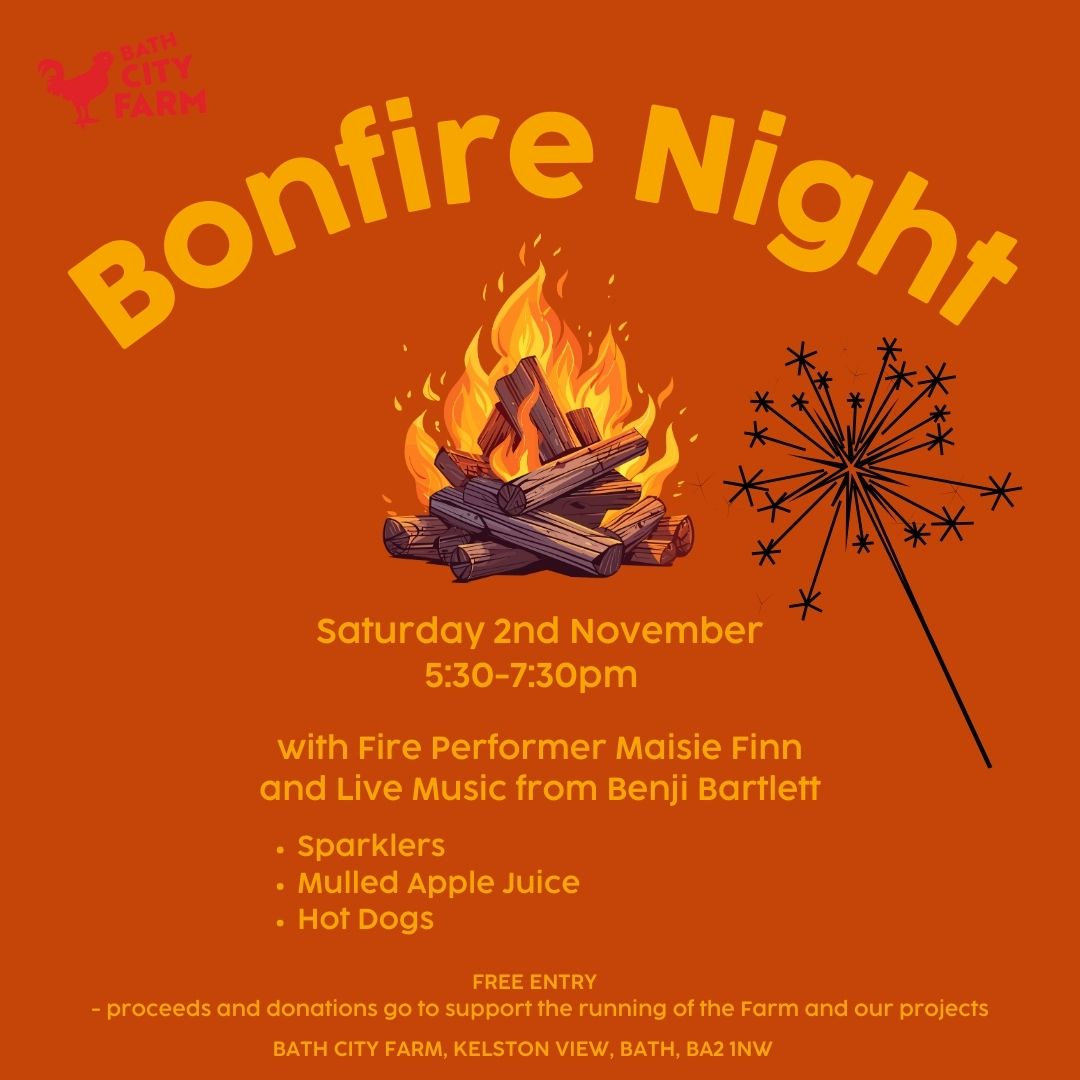 A date for your diaries!
Bonfire Night at the Farm
Saturday 2nd November
5.30 pm - 7.30 pm
Bonfire, fire performer Maisie Finn, live music, sparklers, mulled apple juice and hot dogs!

#bathcityfarm #bonfirenight