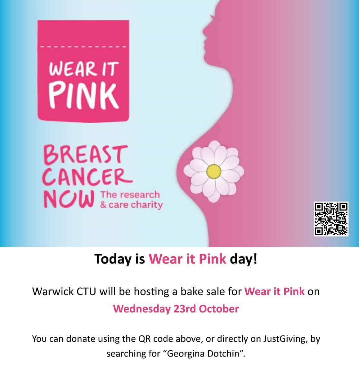 GDotchin's tweet photo. Happy Wear it Pink day!
 
Warwick CTU will be hosting a bake sale for #WearitPink on Wednesday 23rd October

Please donate if you can!
#BreastCancerNow 💕 https://t.co/rEICiIrPFT