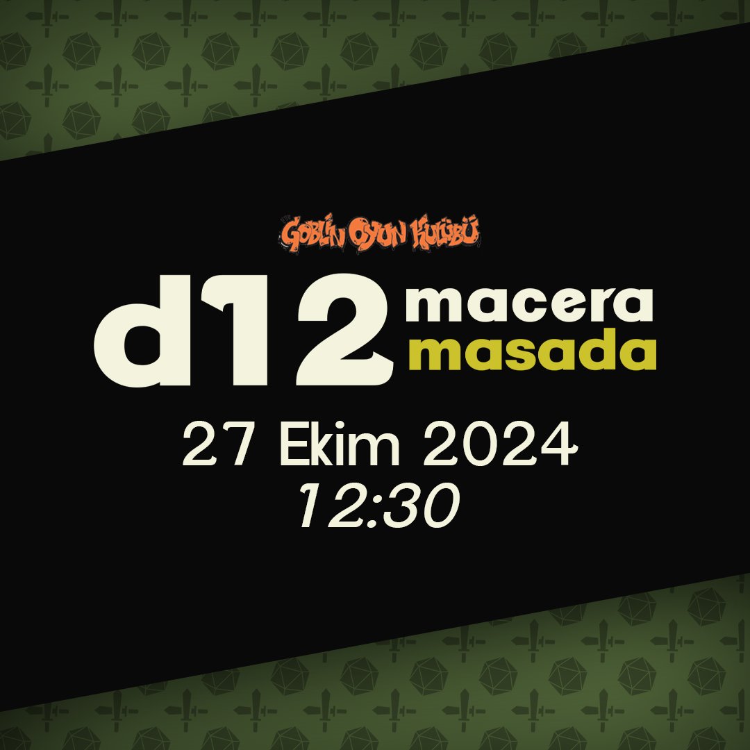 Sevgili macera dostları!
Ekim ayında yepyeni maceralar bizi bekliyor! 27 Ekim Pazar günü Goblin Oyun Kulübü’nde buluşuyoruz. Ön kayıtlar Katıl üyelerine açık, ama endişelenmeyin, yarın saat 14:00’te herkese açılacak.
Link: d12macera.com/d12masada