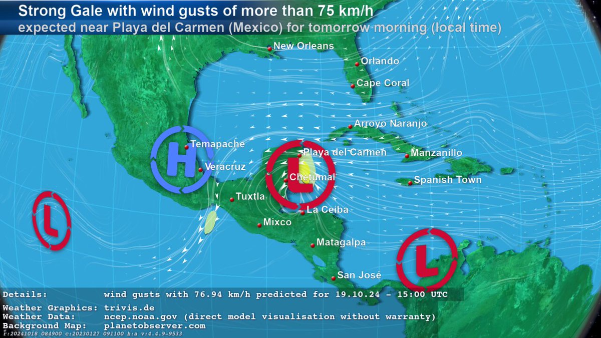 ASKMeteo's tweet photo. GFS data contains significant #weather #wetter of type "#StrongGale" with wind gusts of more than 75 km/h near #PlayadelCarmen (#Mexico) for tomorrow morning given in local time. The GFS forecast data predicts wind gusts with 76.9 km/h for 19.10.2024 - 15:00 UTC. https://t.co/qZe8OBaqcL