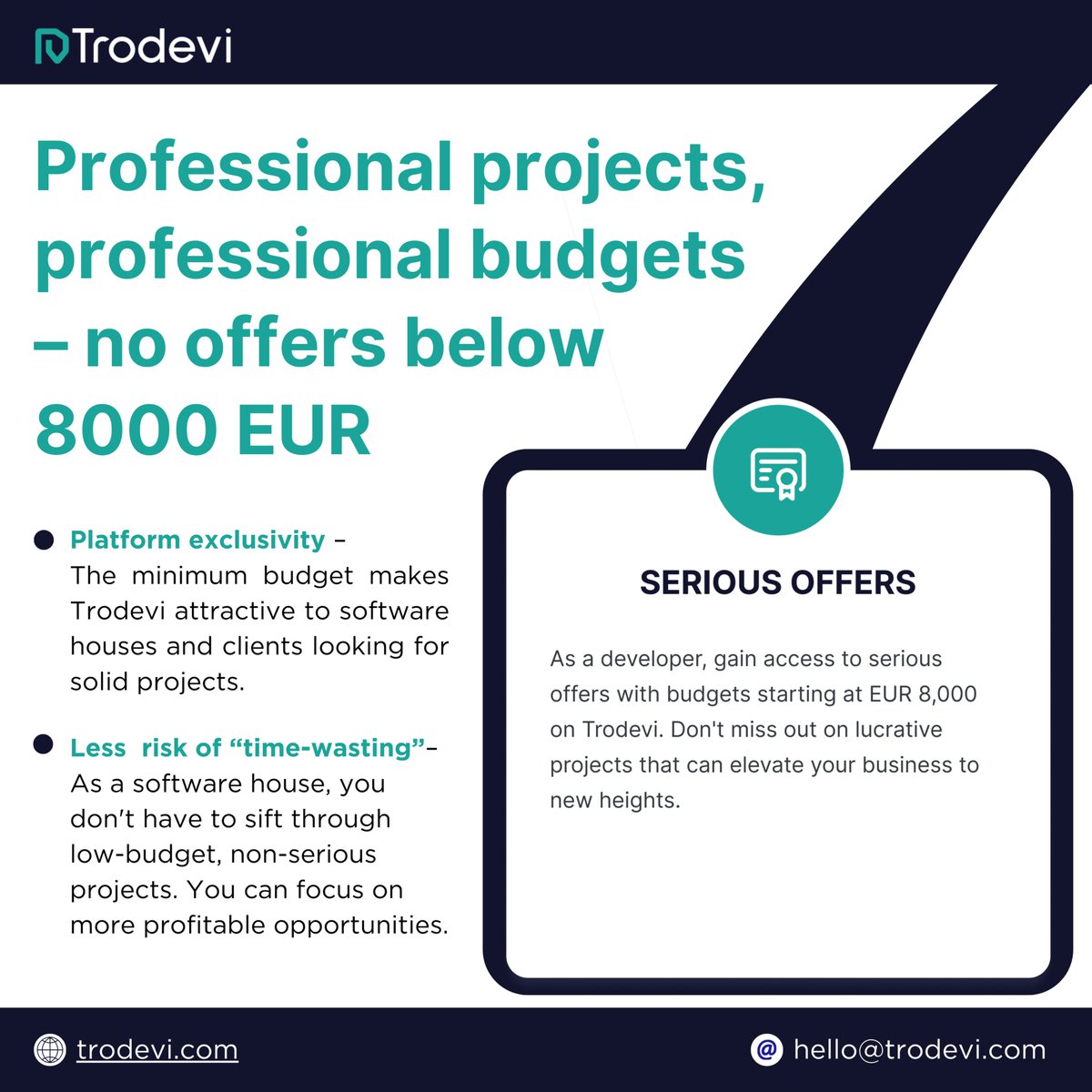 Tired of wasting time on low-budget projects? Join Trodevi and focus on serious offers with budgets starting at $8,000 #trodevi #softwaredevelopment #clients #leads #it #tech #seriousoffers