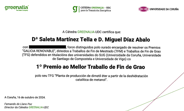 Muy orgullosos desde el Grado en <a href="/EnxQuim_USC/">Enxeñaría Química</a> <a href="/etse_usc/">ETSE USC</a> <a href="/UniversidadeUSC/">USC</a>  del 1º premio otorgado a nuestros graduados #SaletaMartínezTella y #MiguelDiazAbalo ENHORABUENA!!
Todos los detalles aquí: udc.es/es/novas/A-Cat…