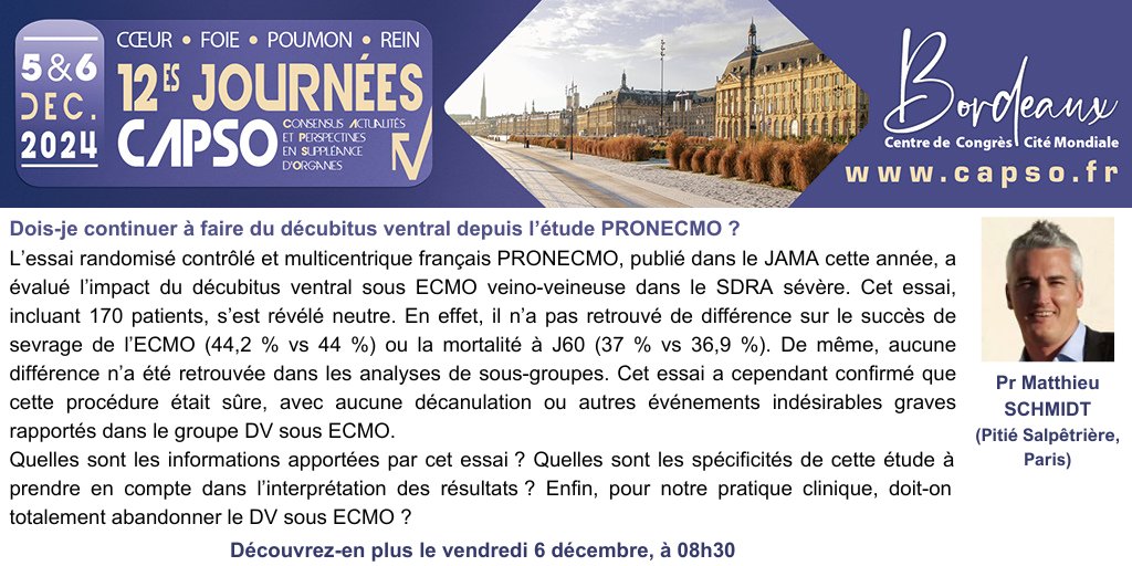🖱 Inscrivez-vous pour pouvoir assister à cette présentation de Matthieu Schmidt, le vendredi 6 décembre 2024, à Bordeaux, lors des #CAPSO24.
capso.fr/inscription/
#PRONECMO #SDRA #ECMO