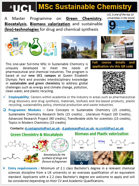 David Palomas (@davidpalomas) on Twitter photo Applications for our MSc in Sustainable Chemistry for 2025 <a href="/UCLChemistry/">UCL Chemistry</a> have just opened! If you want to be at the forefront of green and #sustainablechemistry, this is for you!
Link to the programme description and application available here: shorturl.at/yvhbn Applications for our MSc in Sustainable Chemistry for 2025 <a href="/UCLChemistry/">UCL Chemistry</a> have just opened! If you want to be at the forefront of green and #sustainablechemistry, this is for you!
Link to the programme description and application available here: shorturl.at/yvhbn