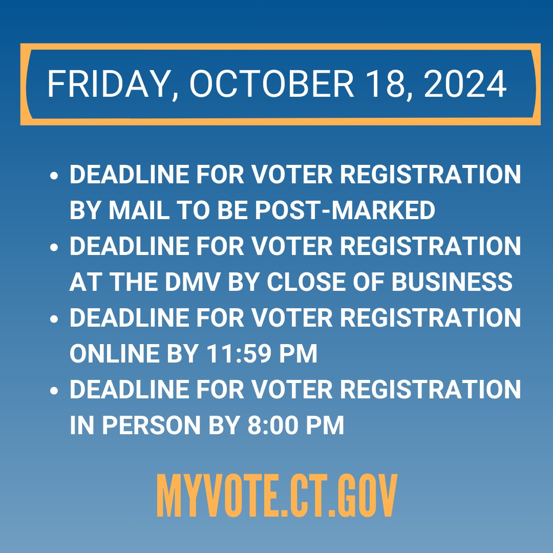 unitedwayinc's tweet image. Connecticut voter registration ends TODAY! 📆 Visit MyVote.CT.gov for all you need to know about elections in Connecticut.

#voterregistration #yourvote #yourvoice #yourvotematters #vote2024 #getregistered
