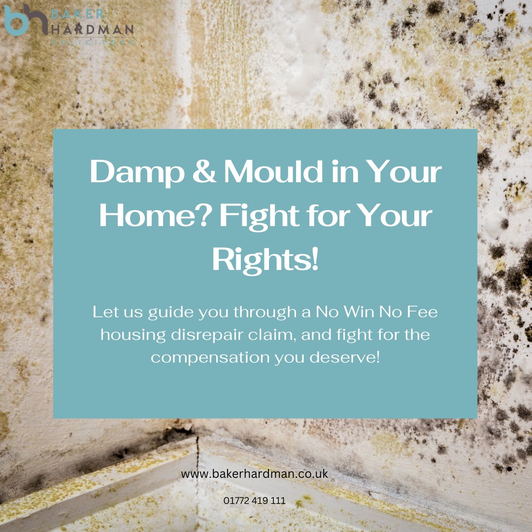 BakerHardman's tweet image. Don’t let damp and mould take over your home! 💧 We’re here to help you fight for your rights with a No Win No Fee housing disrepair claim. Get the compensation you deserve!
#DampIssues #MouldProblems #HousingDisrepair #CompensationClaim #HomeRepairs
