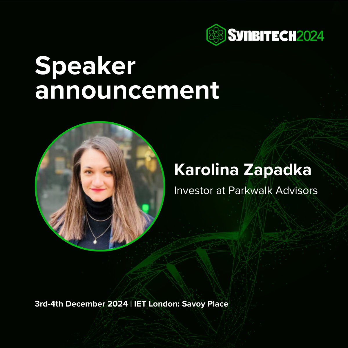 SynbiCITE's tweet image. We're pleased to announce that Karolina Zapadka will be speaking at SynbiTECH 2024! Karolina will be speaking on the Finance and Investment panel on Day 2. To find out more about the #SynbiTECH24 programme and speakers visit synbitech.com #SynBio #SyntheticBiology