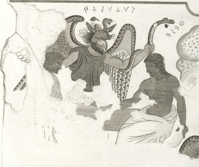 SumerianHittite's tweet photo. 1870 reconstructed drawing of Tuchulcha painting in the Tomb of Orcus II - Paintings from the second chamber of the tomb called Orcus.
#Tuchulcha #TombofOrcus #Orcus. https://t.co/gUcykGBB3u
