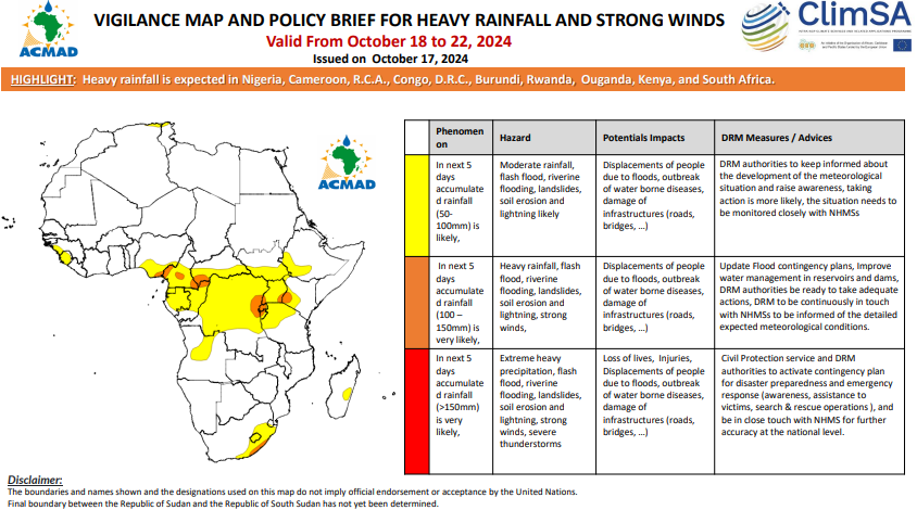 ACMAD_org's tweet photo. ℹ️5-Days #Heavyrainfall forecast (October 18-22,2024)
⛈️Heavy rainfall with possible flash flood is expected in #Cameroon, #RCA, #Congo, #DRC, #Burundi, #Rwanda, #Uganda, #Kenya, and #SouthAfrica.
Details👉https://t.co/9LiWsZm850
#EW4ALL #Climateservices #Africa #Multihazard https://t.co/ImlqlYC11C
