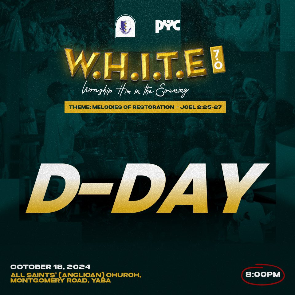 PYC_allsaints's tweet photo. 🌟 WHITE 7.0 IS HERE🌟

It’s the D-Day!!! 💃🕺

We are excited 😃 

Outside Lagos? Don’t worry, we’ve got you covered 🥰 Join via our YouTube or Facebook page (link in bio)

#white7 #melodiesofrestoration #Anticipate #worshipexperience https://t.co/Z7V8uFZMyX