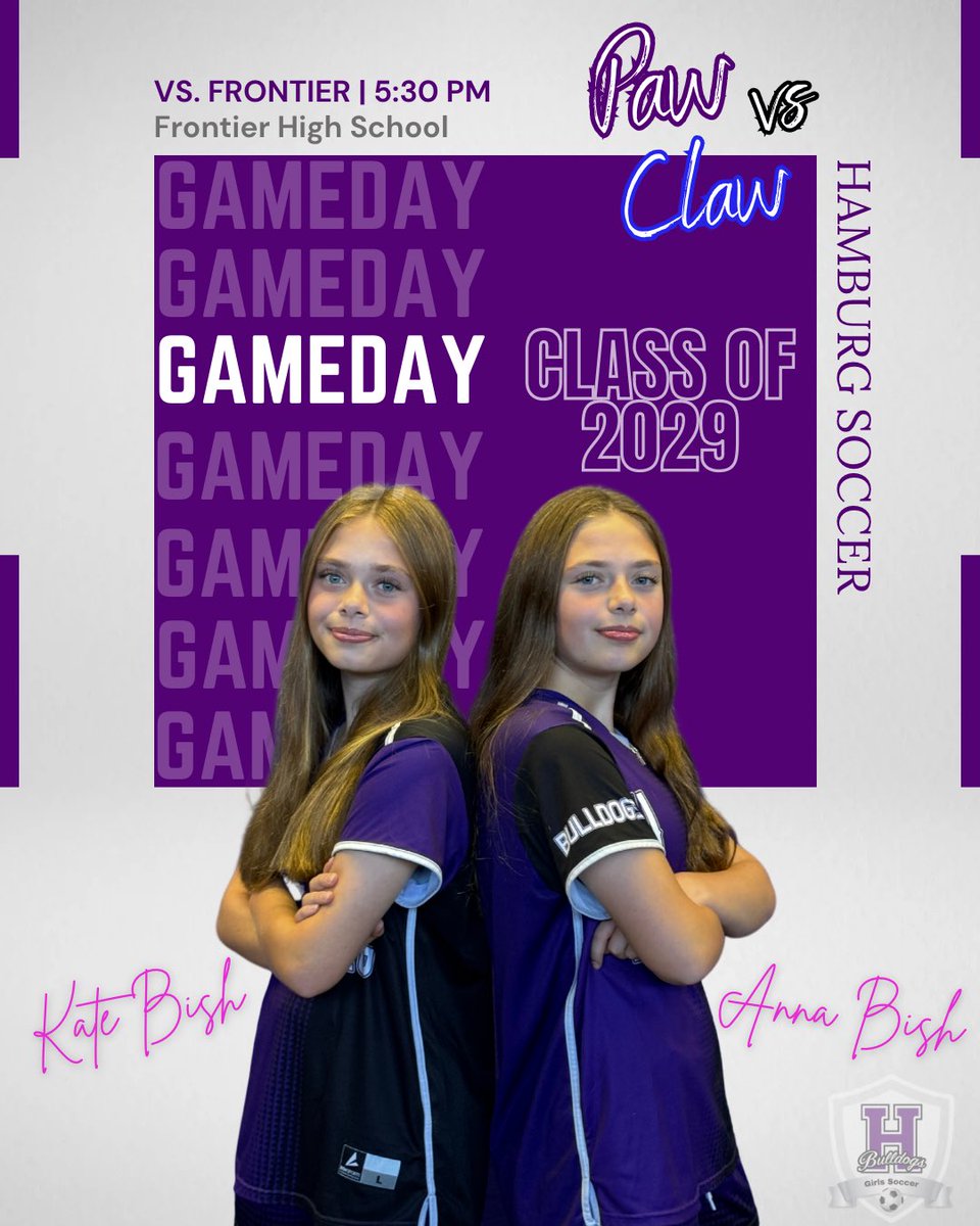 HamGVSoccer's tweet photo. 💥 GAME DAY!!💥 Join us as we close out the regular season against cross town rival Frontier for the time honored Paw vs Claw game! Let’s Go Bulldogs!! #BleedPurple ⚽️💜🐾

🗓 | Friday, Oct 18
⏰ | 7 pm
🆚 | Frontier
📍 | Frontier High School https://t.co/pmaytQbdxz